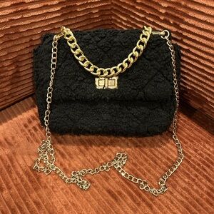Black Faux Fur Handbag with Gold Chain